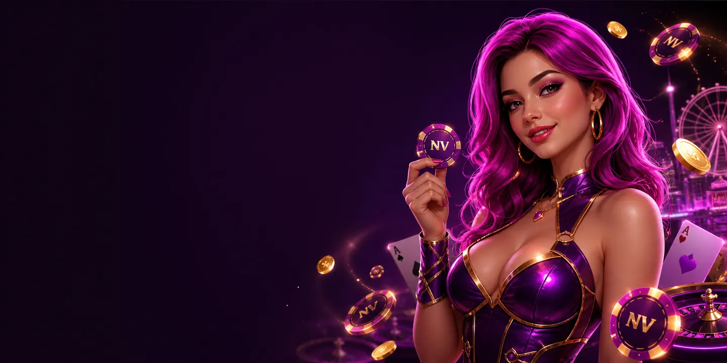 Glamorous NV Casino hostess in a glossy 3D style on a dark brand-colored gradient background with casino chips and gold accen