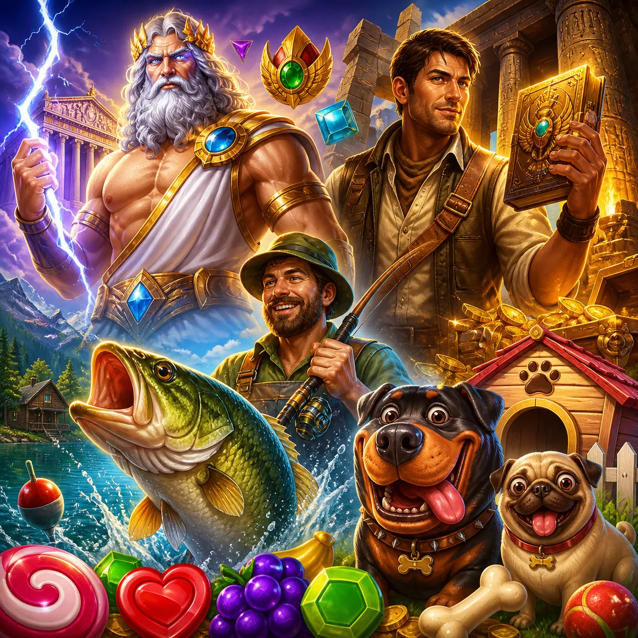 A vibrant scene featuring fantasy-themed slot characters from various games, depicting a mythical and adventurous world.
